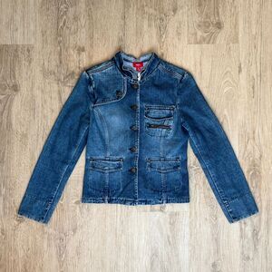 Mossimo Denim Jacket Military Style Medium Blue Button Up Fitted Fit